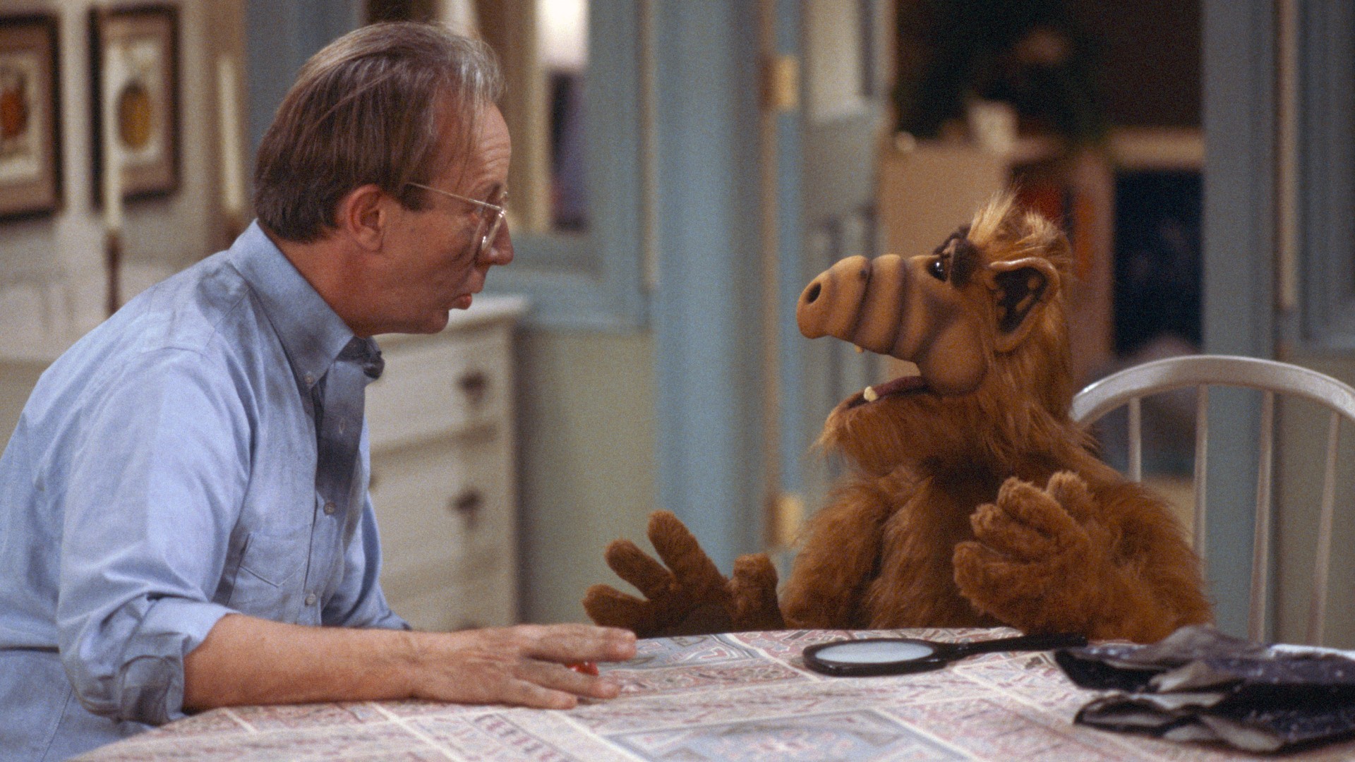 ALF the furry, croissant-shaped nose alien is sitting at the kitchen table talking to a human male.