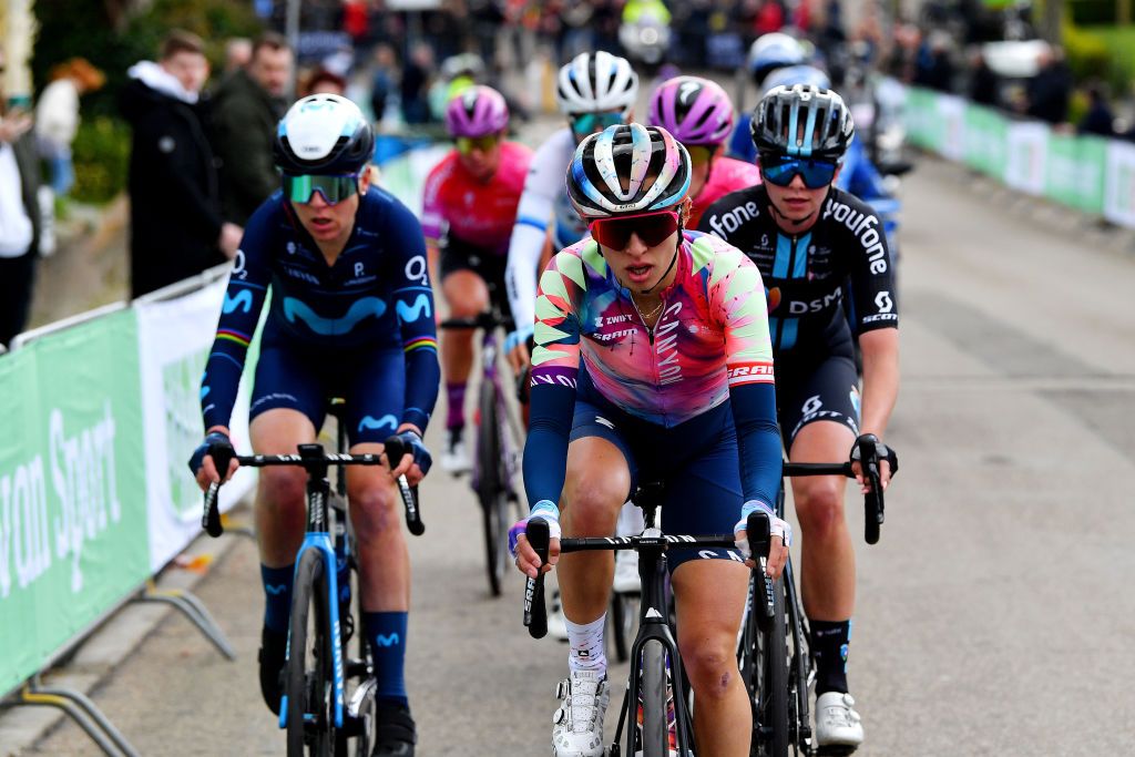 VALKENBURG NETHERLANDS APRIL 10 Katarzyna Niewiadoma of Poland and Team CanyonSram Racing competes in the breakaway during the 8th Amstel Gold Race Ladies Edition 2022 a 1285km one day race from Maastricht to Valkenburg UCIWWT AGR2022 on April 10 2022 in Valkenburg Netherlands Photo by Luc ClaessenGetty Images