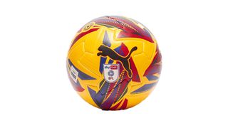 A dark yellow football with sharp blue and red patterns has a black puma on the front and the EFL logo.