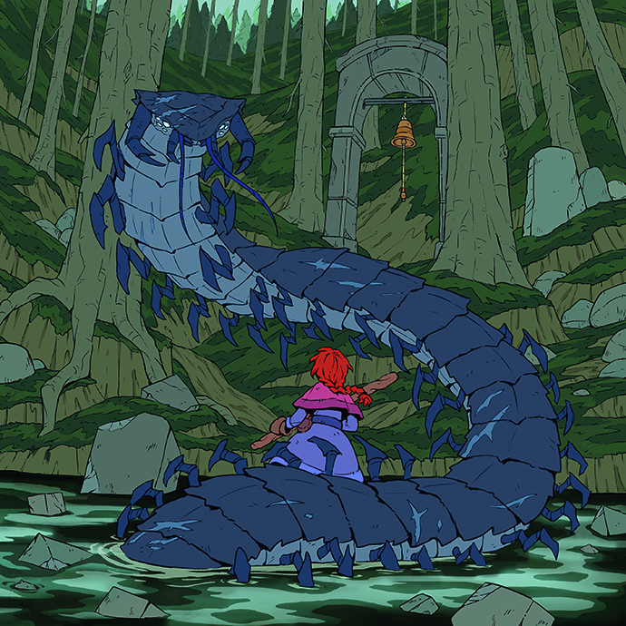 An illustration of a huge serpent and a young female character