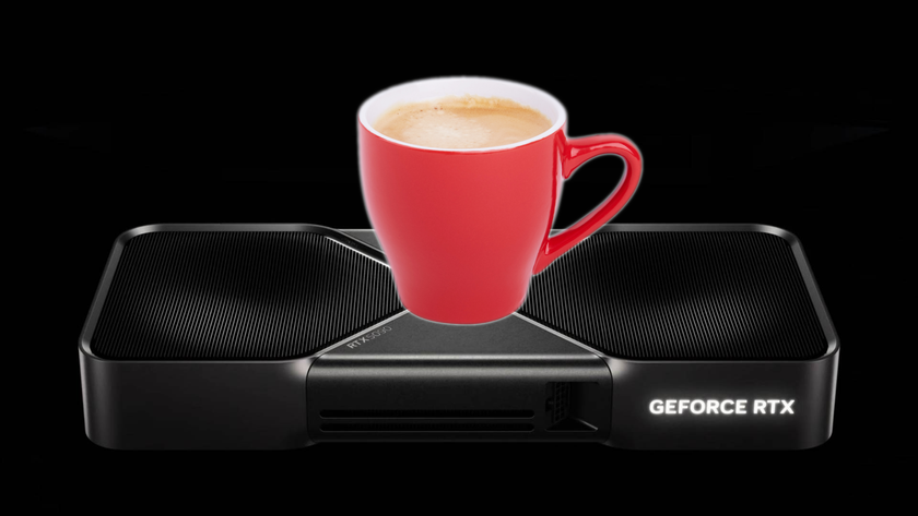 A bright red mug of coffee is perched upon a Nvidia RTX GeForce 5090 GPU. Both are situated within a black void.