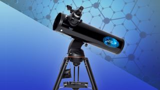 Celestron astro fi 130 telescope on a blue background