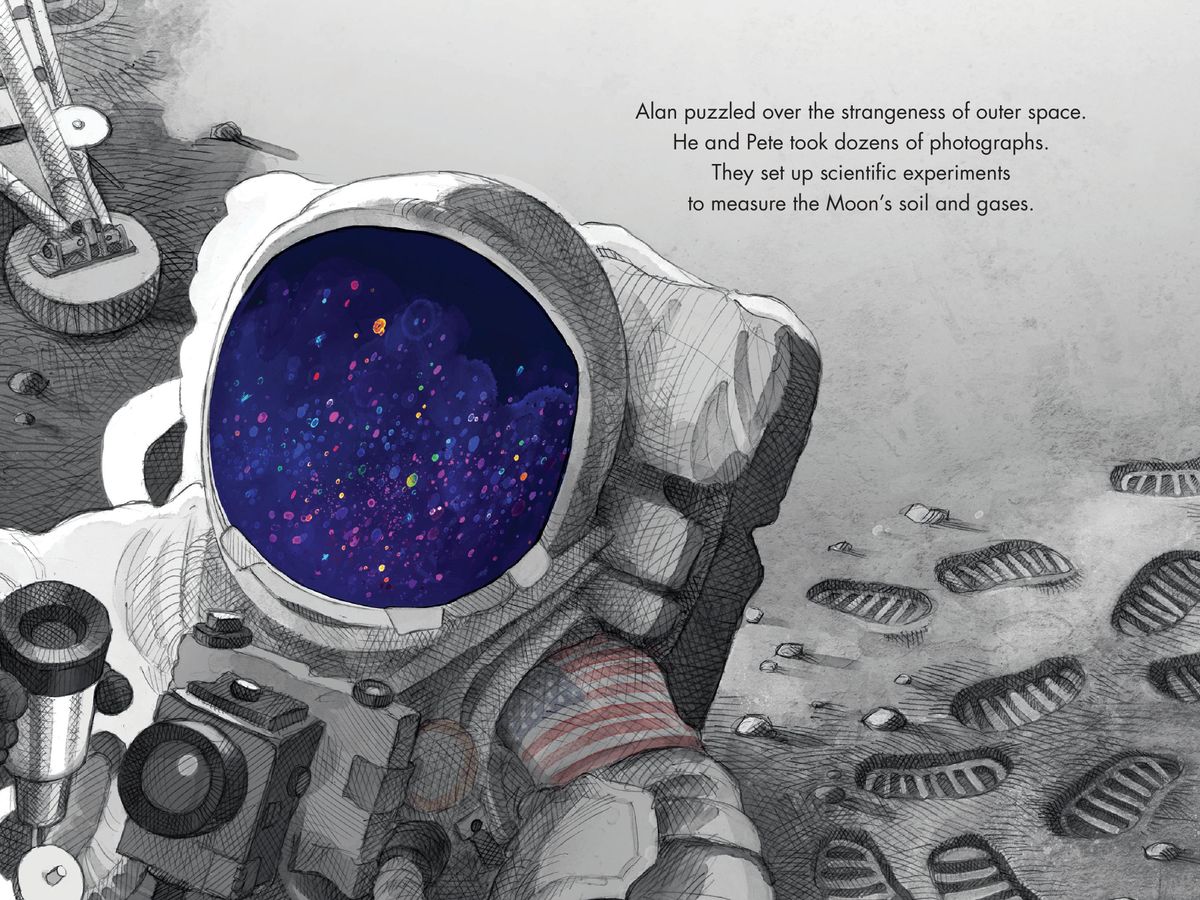  Illustrations of &quot;The Astronaut Who Painted the Moon&quot; tell the story of Alan Bean&#039;s journey to the lunar surface.