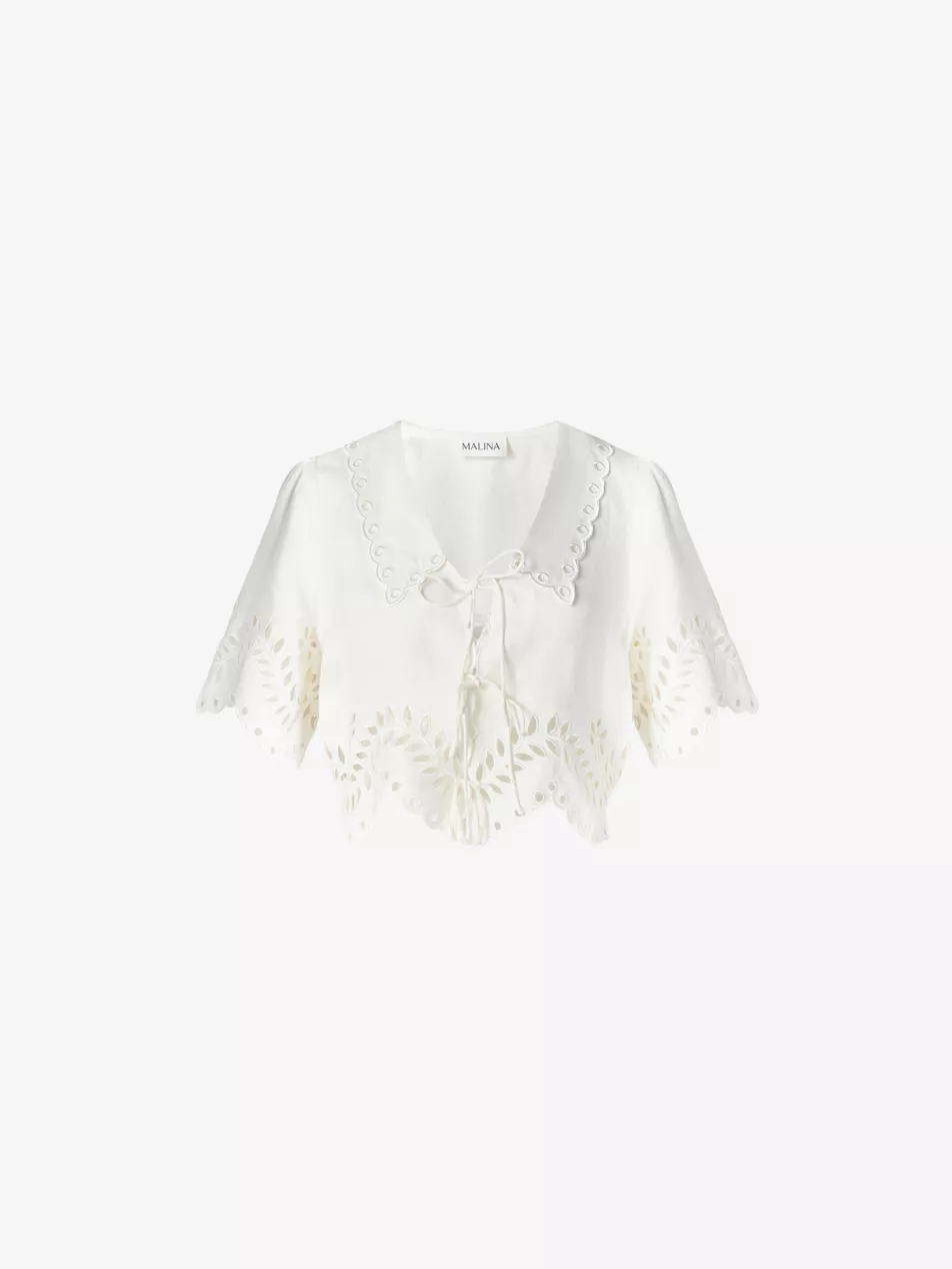 Estela Broderie-Anglaise Short-Sleeve Linen-Blend Blouse - 6