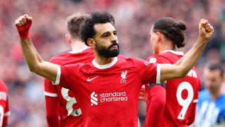 Mohamed Salah of Liverpool celebrates a goal during the Premier League game ahead of the Europa League match between Liverpool and Atalanta