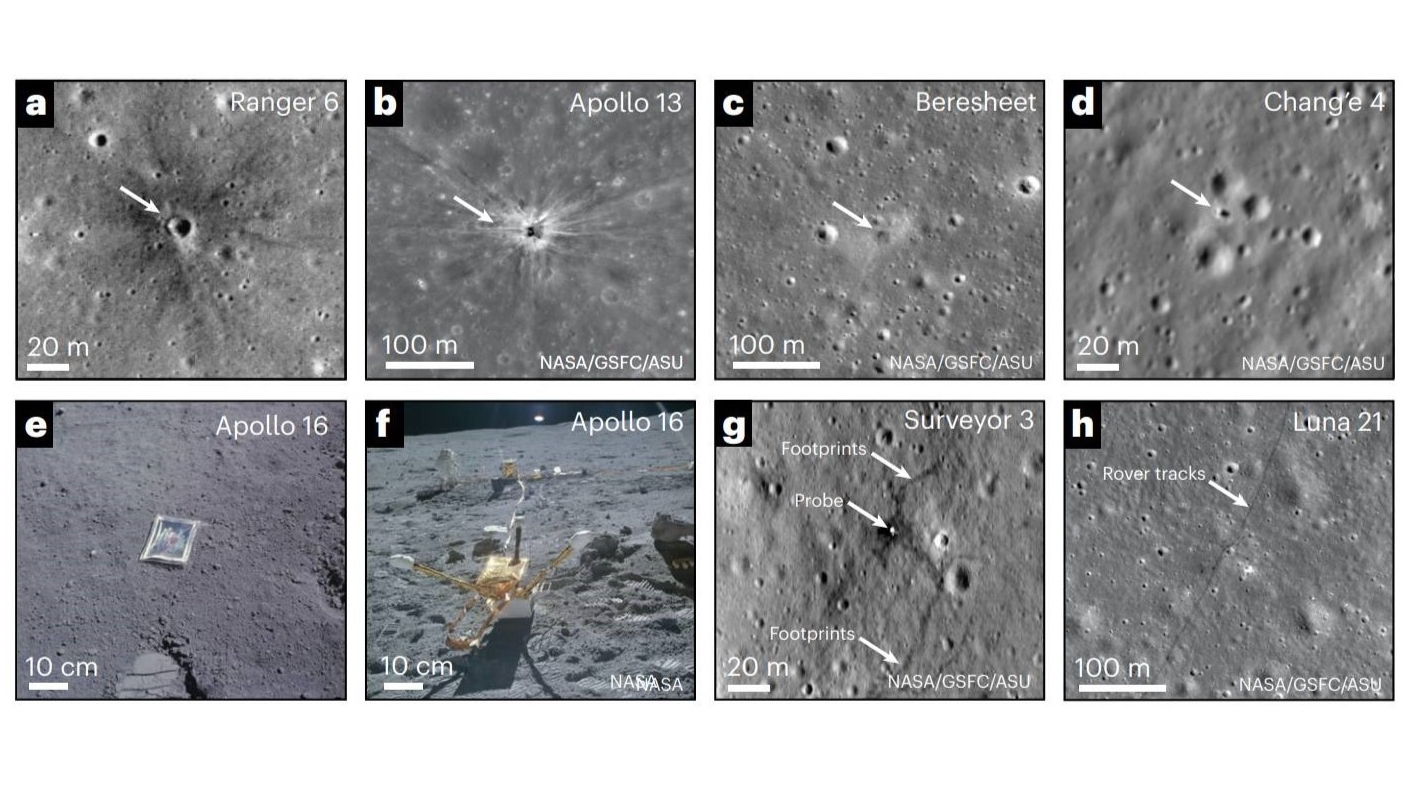 photo grid showing eight small images of impact craters on the moon