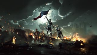 En skärmdump från Steelrising, där tre personer står uppe på en eldtäckt kulle och den ena viftar med en flagga.