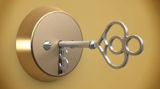 Golden key incorporating a dollar sign in a gold lock on a gold background