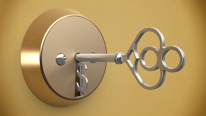 Golden key incorporating a dollar sign in a gold lock on a gold background