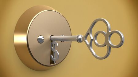 Golden key incorporating a dollar sign in a gold lock on a gold background