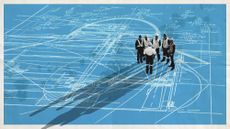 Photo collage of a group of construction workers standing on top of a huge ship blueprint