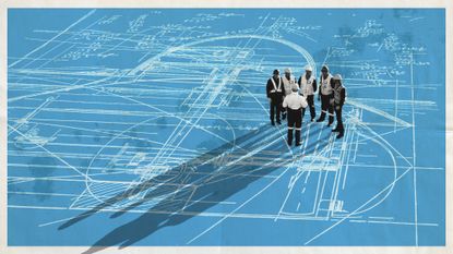 Photo collage of a group of construction workers standing on top of a huge ship blueprint