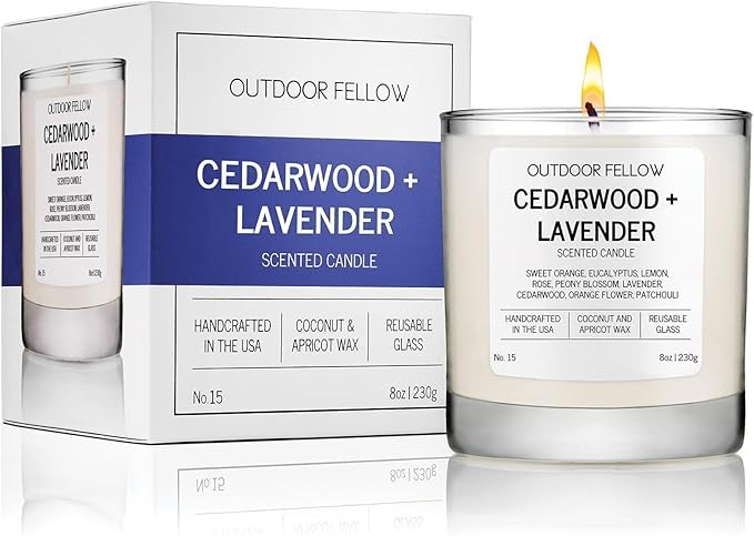 Outdoor Fellow, Outdoor Fellow Cedarwood and Lavender Scented Candle, 8oz, Coconut 
Apricot Wax Blend, Sweet Orange, Lavender, Cedarwood, Reusable Glass, 40-50 Hour Burn Time