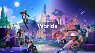 Horizon Worlds key art with futuristic city and people playing laser tag