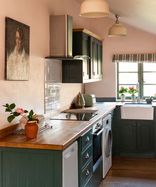 Modern farmhouse kitchen wall decorated with a vintage-style painting