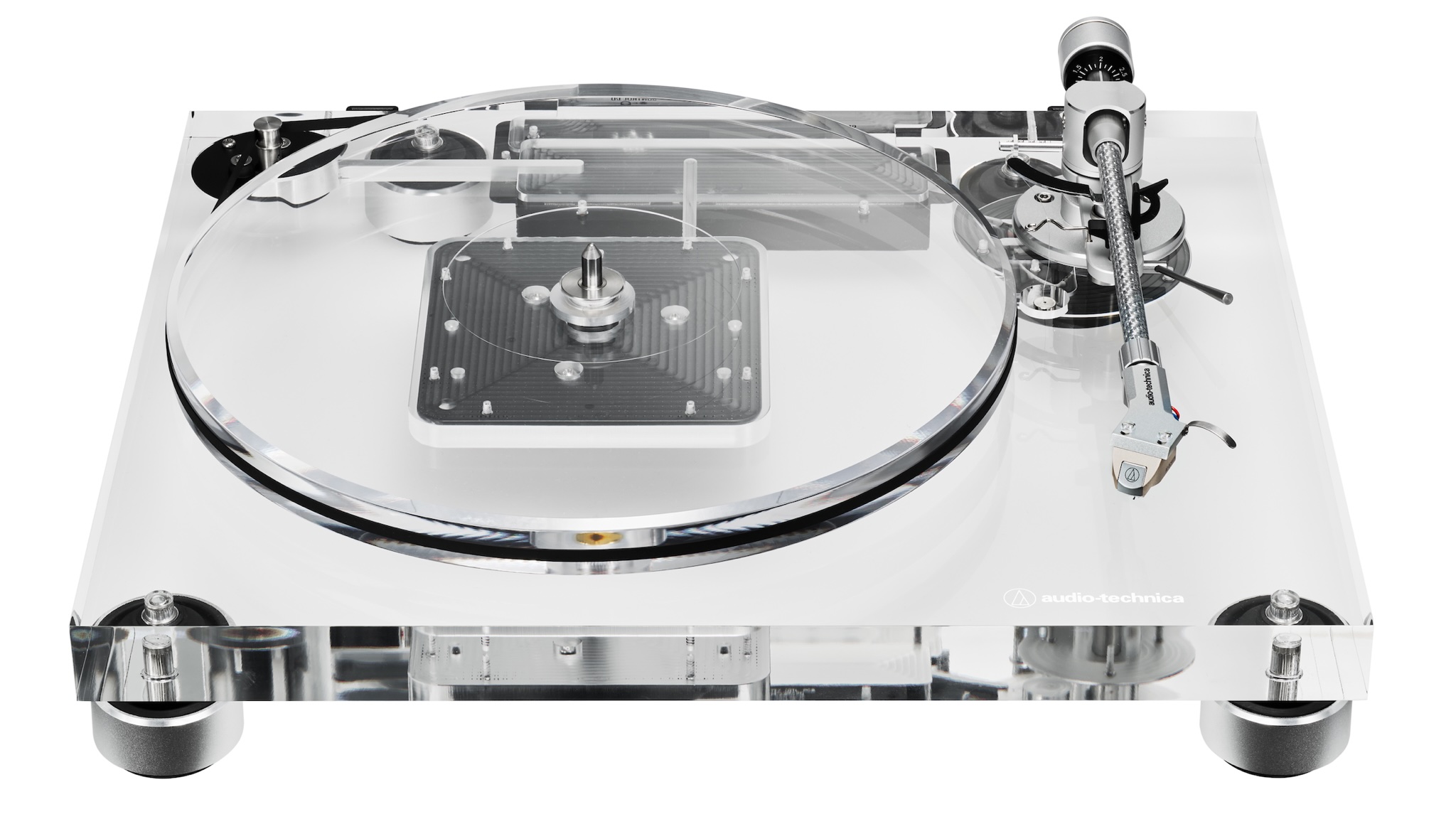 The Audio-Technica AT-LPA2 transparent turntable on a white background