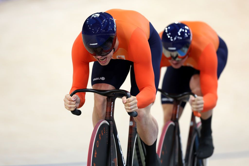 PARIS FRANCE AUGUST 05 Harrie Lavreysen of Team Netherlands competes during the Mens Team Sprint Qualifiers on day ten of the Olympic Games Paris 2024 at SaintQuentinenYvelines Velodrome on August 05 2024 in Paris France Photo by Alex BroadwayGetty Images