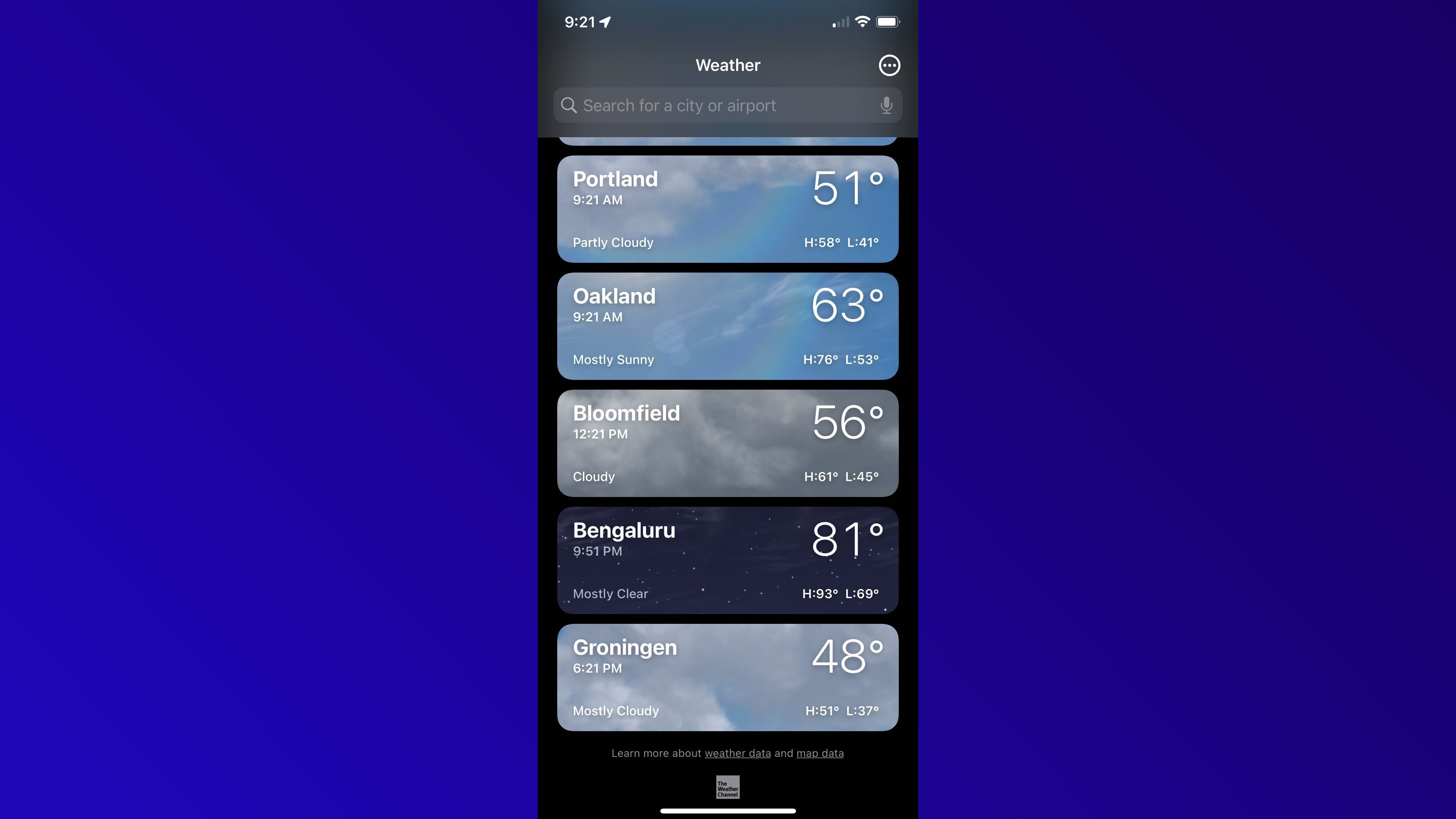 Aplicativo iOS Weather em um iPhone 12