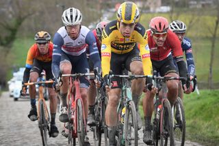 Belgian Wout Van Aert C of Team JumboVisma and Belgian Philippe Gilbert R of Lotto Soudal pictured in action during the mens elite race of the 75th edition of the oneday cycling race Omloop Het Nieuwsblad 200km from Merelbeke to Ninove Saturday 29 February 2020 BELGA PHOTO DAVID STOCKMAN Photo by DAVID STOCKMANBELGA MAGAFP via Getty Images