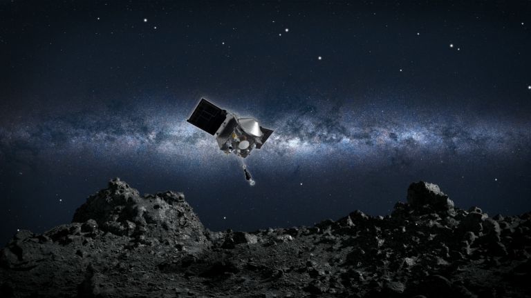 Artist&#039;s conception of NASA&#039;s OSIRIS-REx spacecraft collecting a sample from the asteroid Bennu.