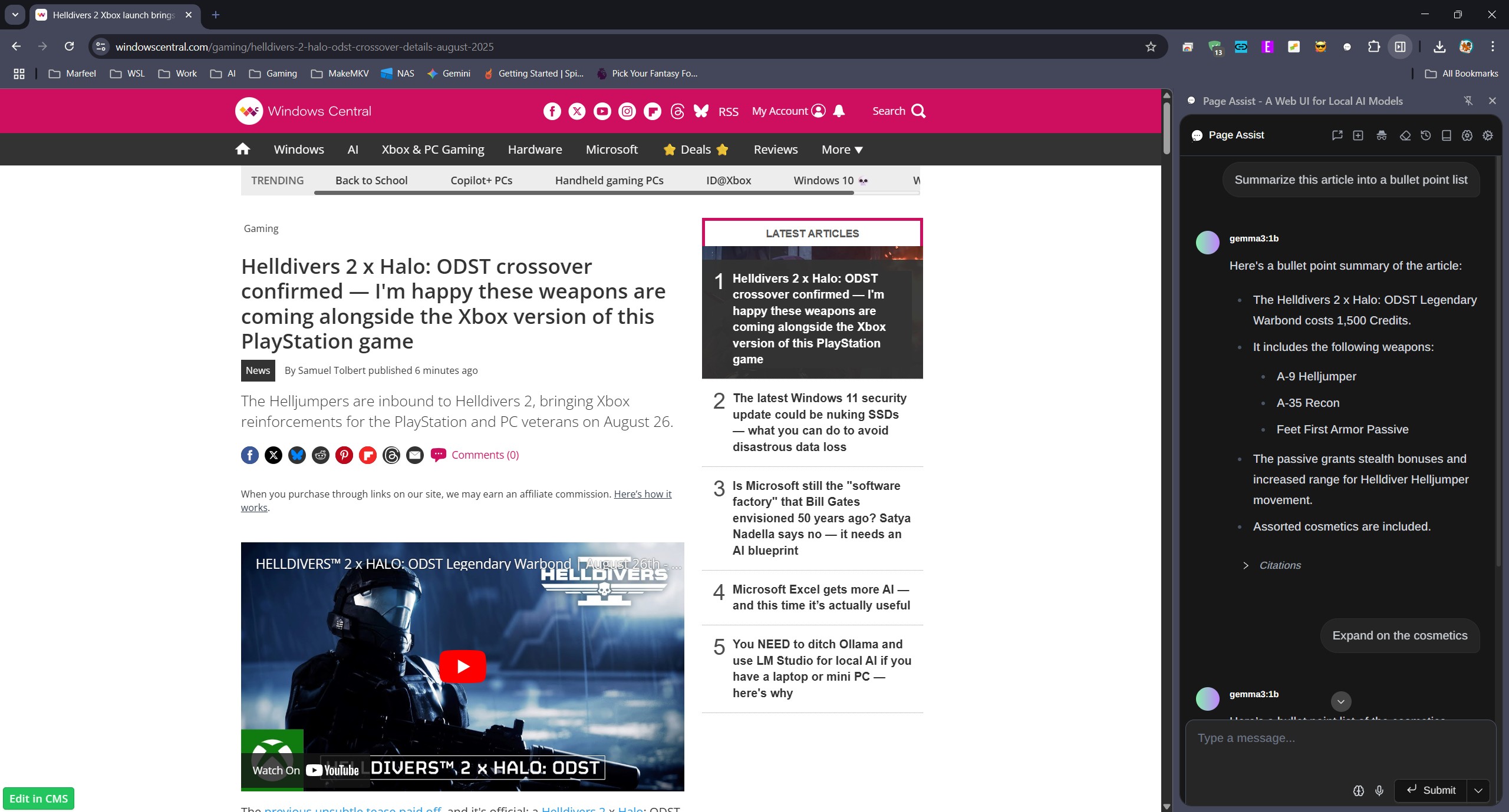 Using Page Assist in the sidebar to interact with the currently open web page, powered by Ollama.