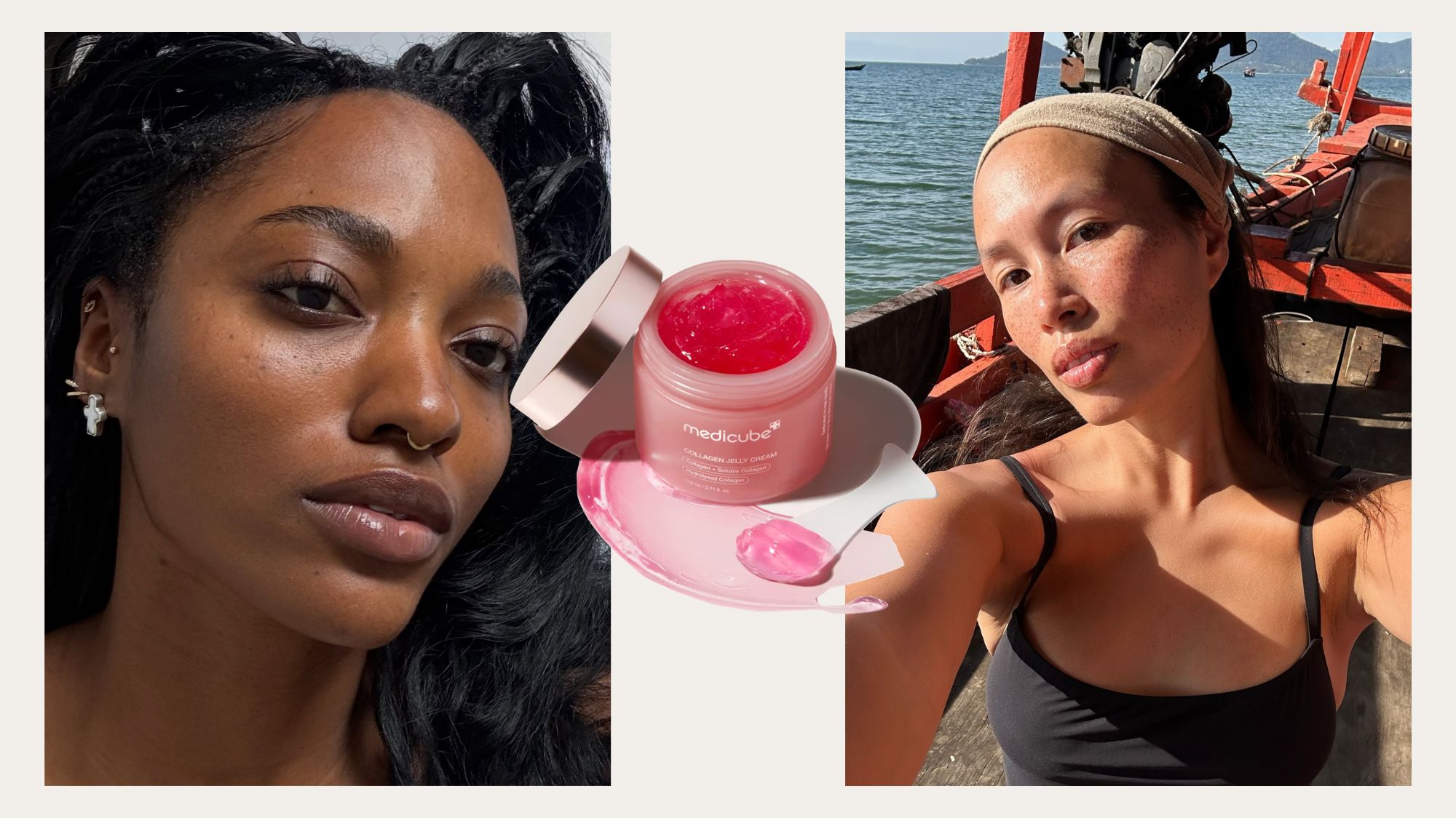Two images of women with glowing skin and the Medicube Collagen Jelly Cream at the center.