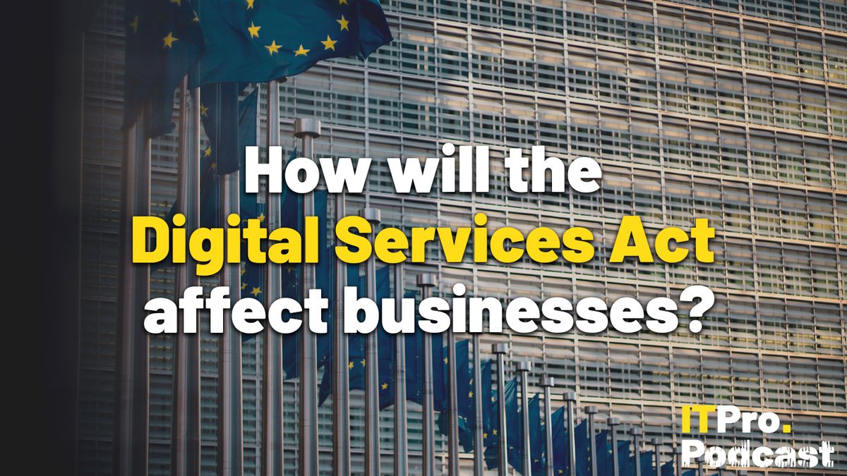 The words ‘How will the Digital Services Act affect businesses?’ with the words ‘Digital Services Act’ in yellow and the rest in white. They are set against an image of a line of EU flags, with a building behind. The ITPro podcast logo is in the bottom right corner.