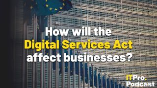 The words ‘How will the Digital Services Act affect businesses?’ with the words ‘Digital Services Act’ in yellow and the rest in white. They are set against an image of a line of EU flags, with a building behind. The ITPro podcast logo is in the bottom right corner.