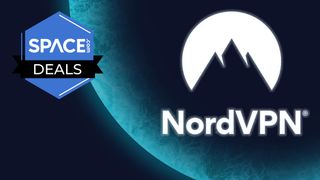 A mountain top with a white three quarter circle encompassing it sits above the word "NordVPN" and is glowing on a blue planet background with the space.com logo in the top left corner.