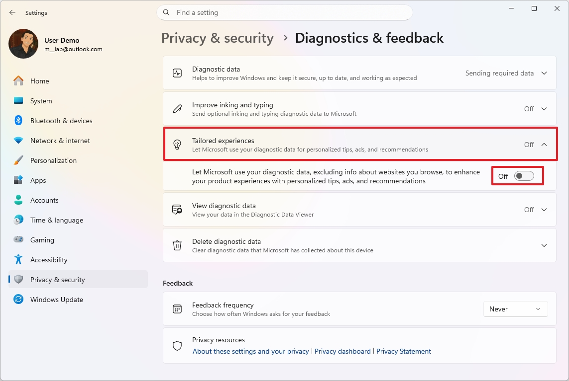 Disable Tailored experiences