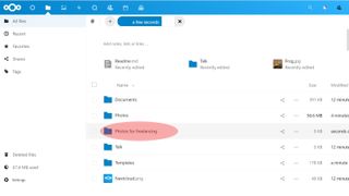 Nextcloud's upload and download interface showing folders and timings