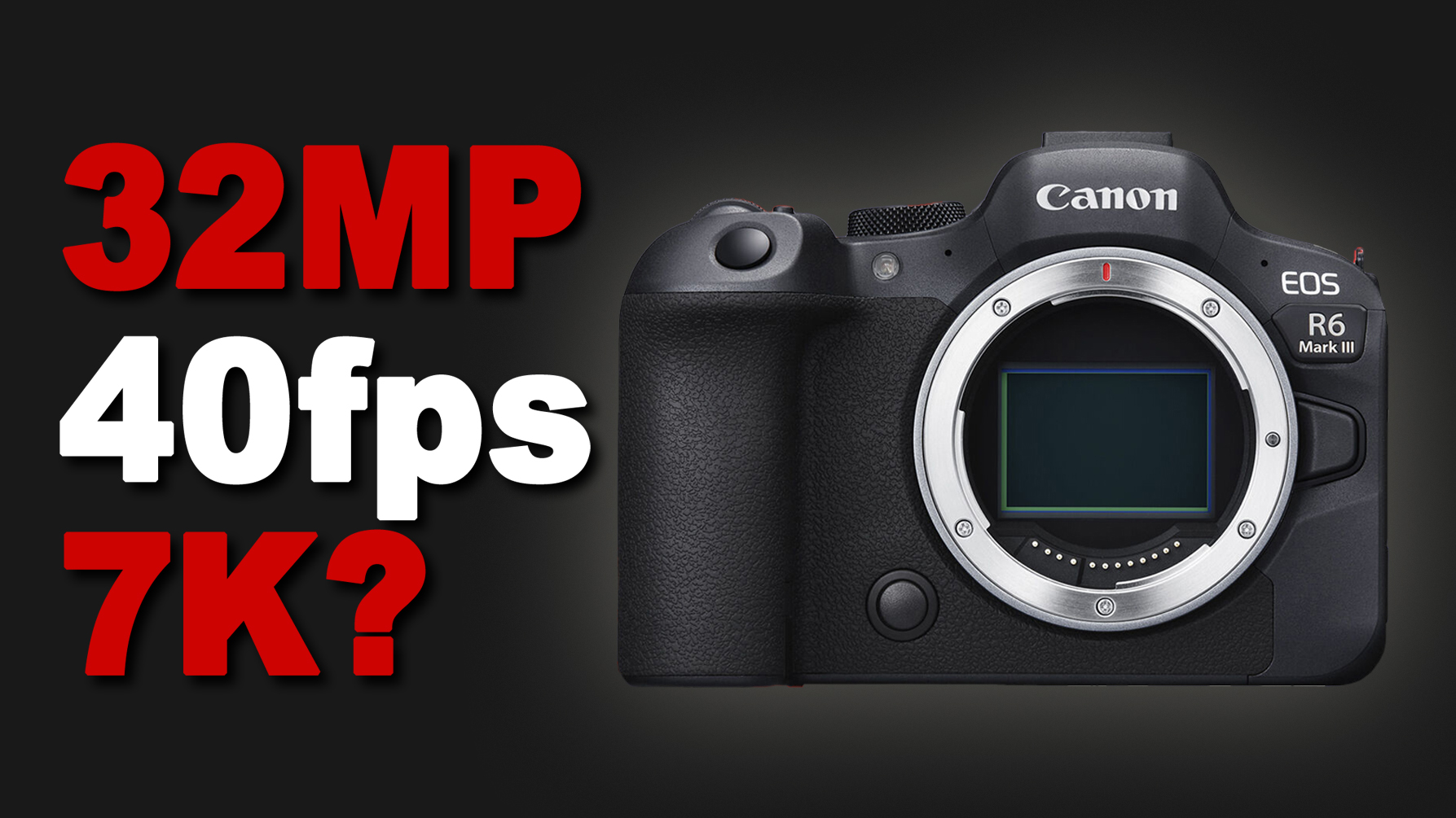 Mockup of the Canon EOS R6 Mark III with the text &quot;32MP, 40fps, 7K?&quot;