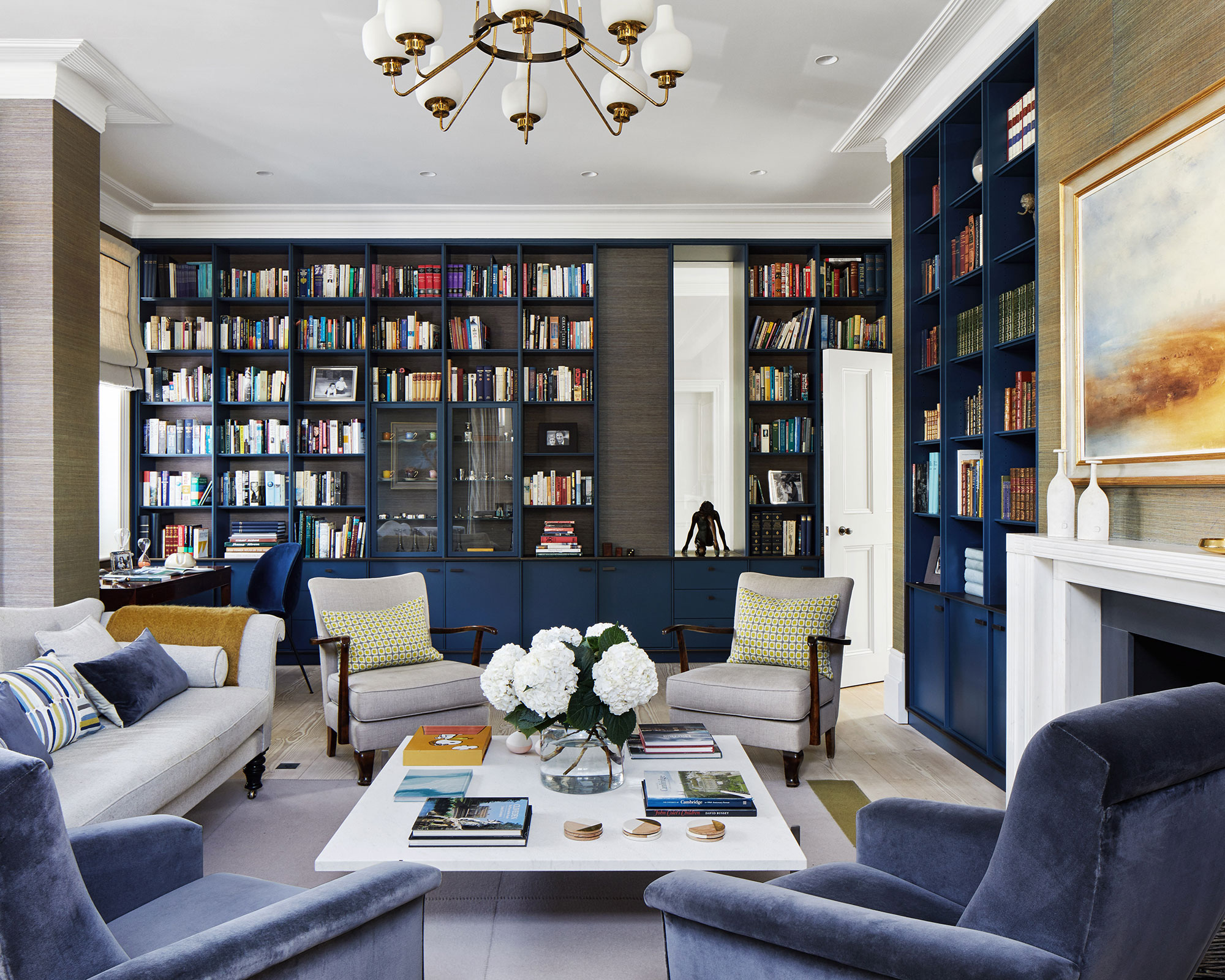 green bookcase in living room