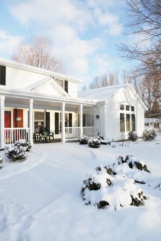 A home covered in snow