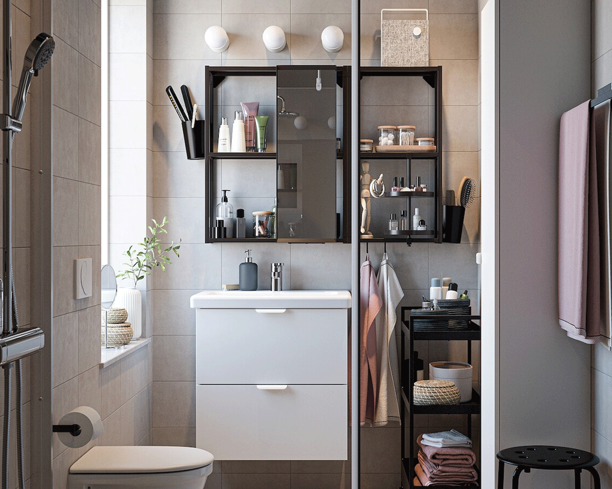 A bathroom with white small bathroom vanity, toilet and overhead cabinet with mirrored face