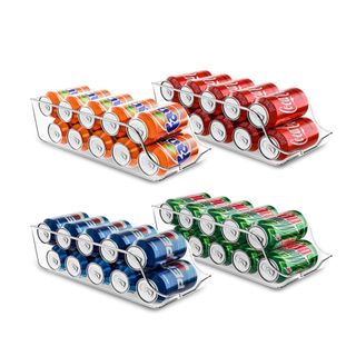 Four fridge can holders with cans in them