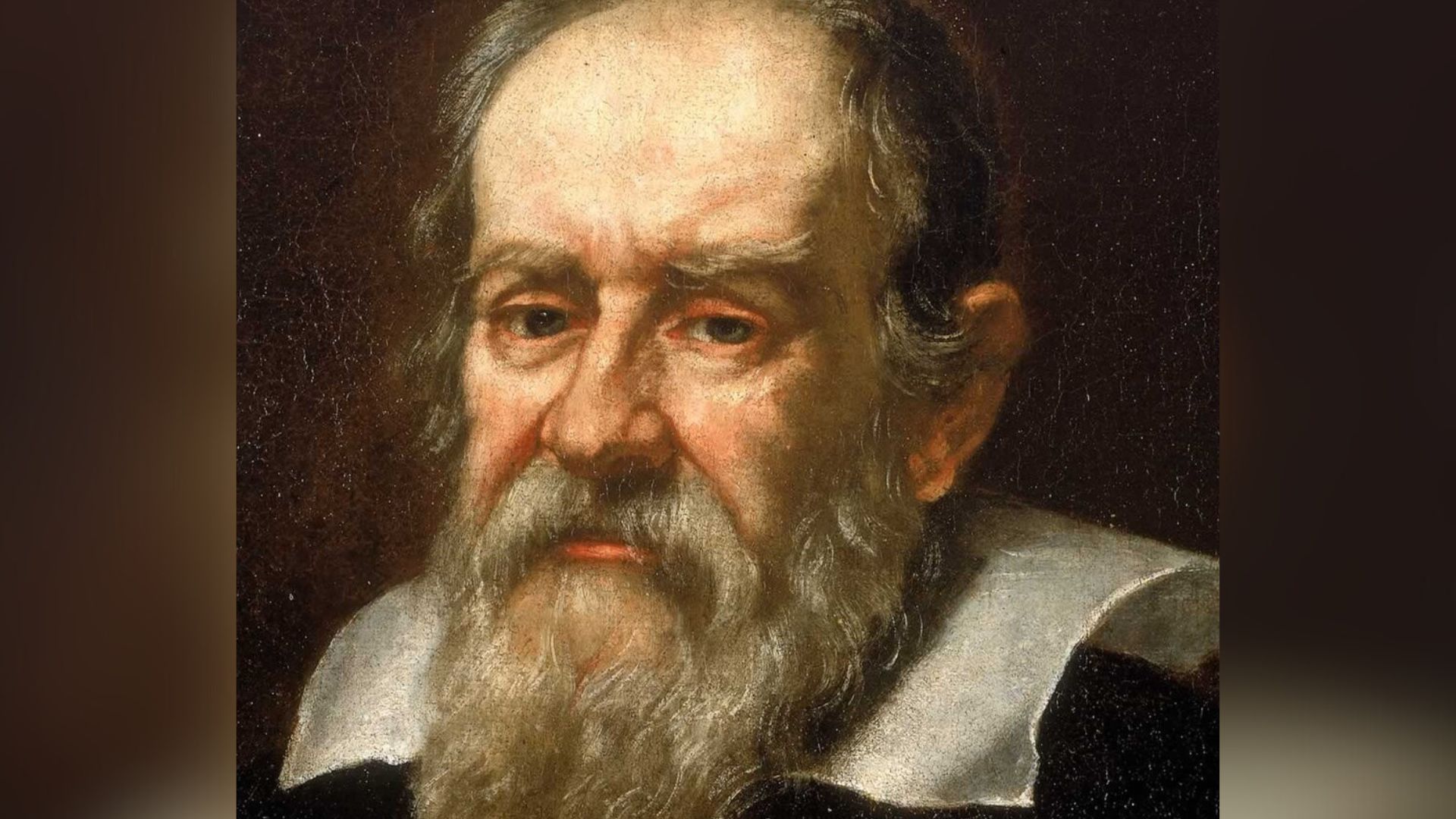 A painted portrait shows a man with a white beard and balding head looking at the camera while wearing a white collar and black shirt
