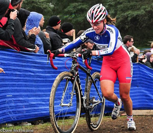 French champion Caroline Mani running past the beer garden