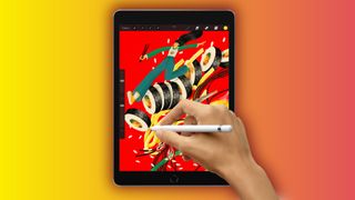An artist using an Apple Pencil on an iPad to create art on a colourful background