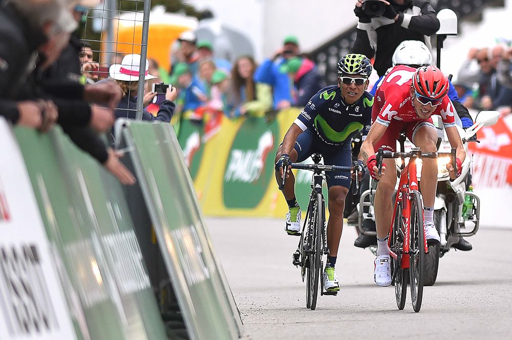 Nairo Quintana leans over as Ilnur Zakarin closes the door during the stage 4 sprint at Tour de Romandie