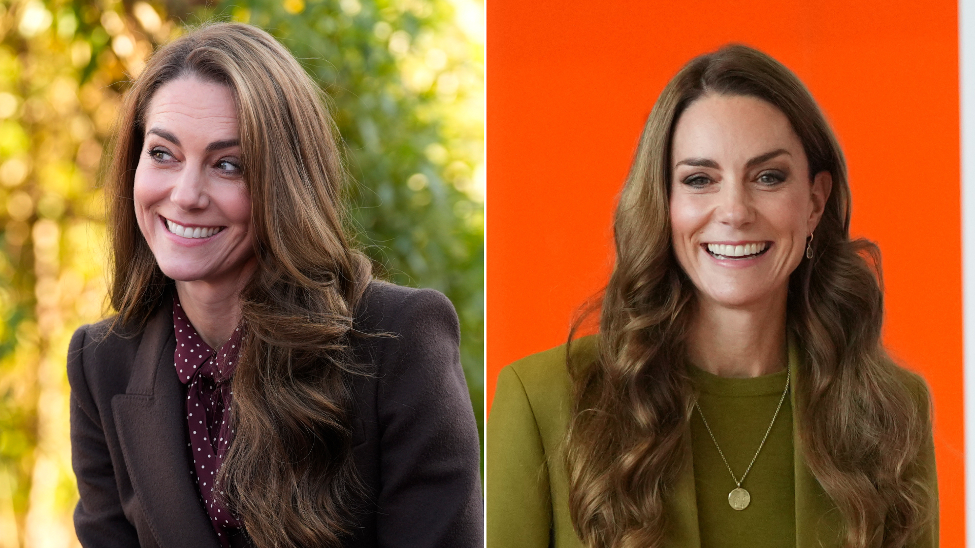 Princess Kate has long brown wavy hair and wears a smart blazer