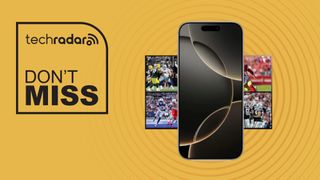 Apple iPhone 16 Pro and TV Showing NFL games on yellow background with don't miss text overlay