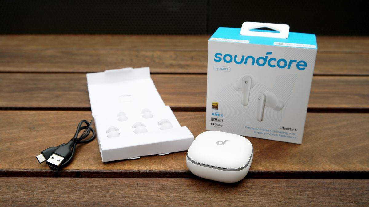 Anker Soundcore Liberty 5 and everything that comes in the box, minus the paperwork