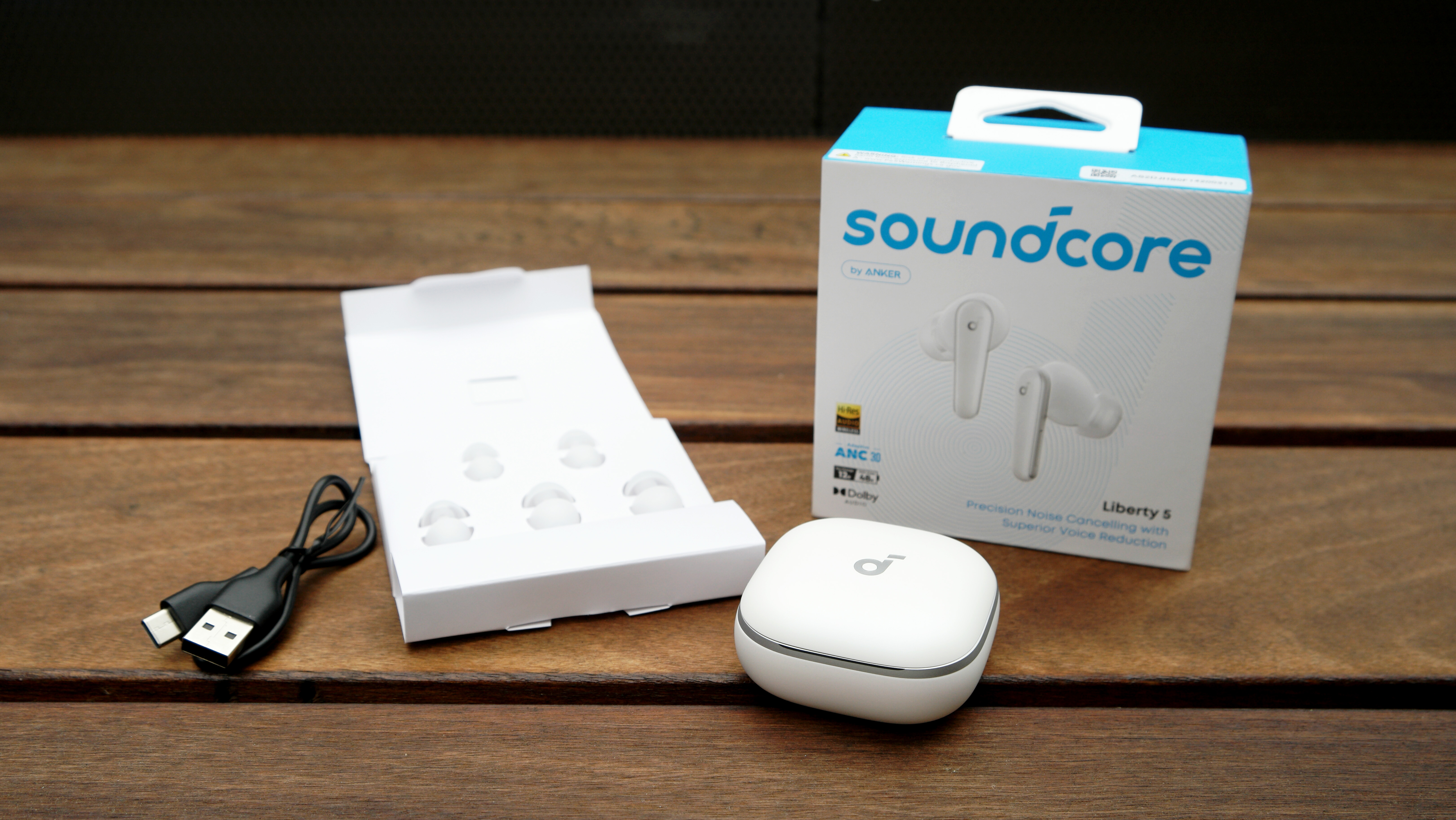 Anker Soundcore Liberty 5 and everything that comes in the box, minus the paperwork