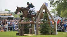 A bay horse jumps a large wooden oxer on the Badminton Horse Trials cross-country course with the crowds in the background