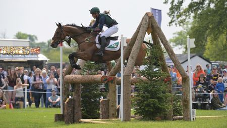 A bay horse jumps a large wooden oxer on the Badminton Horse Trials cross-country course with the crowds in the background