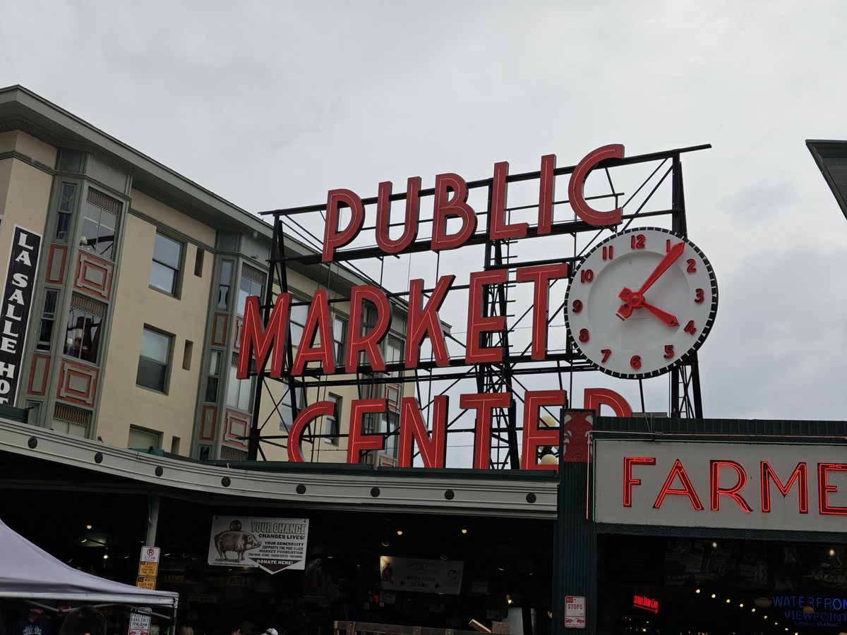 A red "Public Market Center" sign