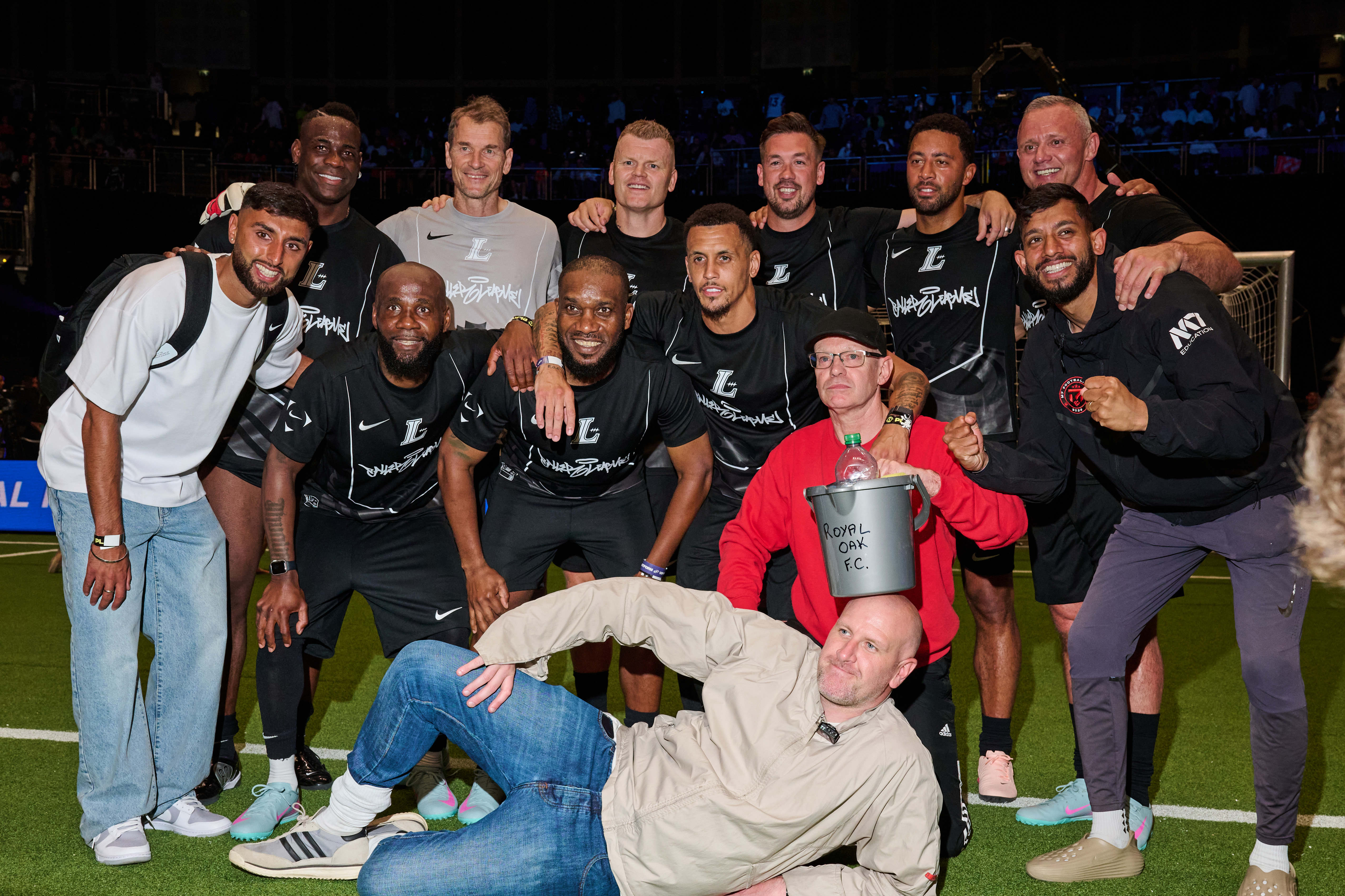 LONDON, ENGLAND - JUNE 12: Mario Balotelli, Pascal Chimbonda, Jens Lehmann, Augustine Azuka Okocha, John Arne Riise, Ravel Morrison, Luke Chambers, Mousa Dembélé ,Lee Trundle and Steve Bracknell< during "Baller League UK - 2025 Final" at the 02 Arena on June 12, 2025 in London, England. (Photo by Jordan Peck/Getty Images)