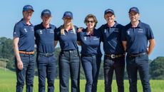 The British Equestrian Jumping Team (L-R) Ben MAHER, Scott BRASH, Jessica MENDOZA, chef d'equipe Di LAMPARD, Matt SAMPSON and Donald WHITAKER at the Longines FEI Jumping European Championship 2025 - Casas Novas, A Coru&ntilde;a, Galicia, Spain - 15 July 2025