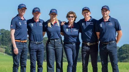 The British Equestrian Jumping Team (L-R) Ben MAHER, Scott BRASH, Jessica MENDOZA, chef d'equipe Di LAMPARD, Matt SAMPSON and Donald WHITAKER at the Longines FEI Jumping European Championship 2025 - Casas Novas, A Coru&ntilde;a, Galicia, Spain - 15 July 2025